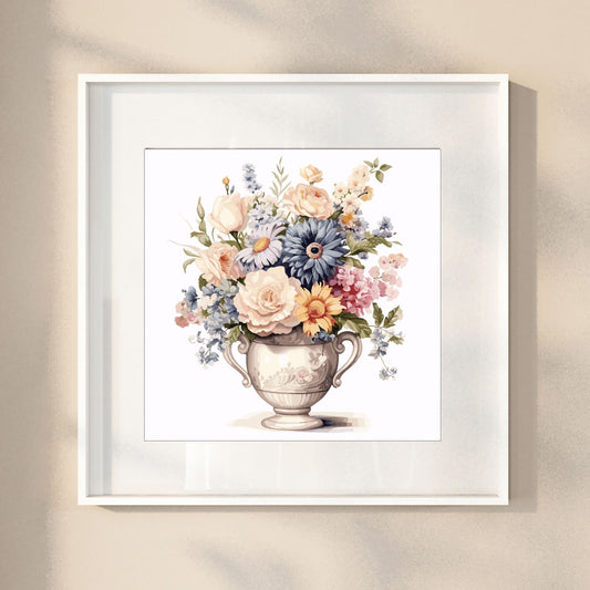 Vår "Blomster i vase" plakat og lerret er kunstnerisk utformet med grafiske illustrasjoner i akvarell, som skildrer en fargerik blomsterbukett i vase.  Illustrasjonen viser motivet som plakat i en hvit ramme.