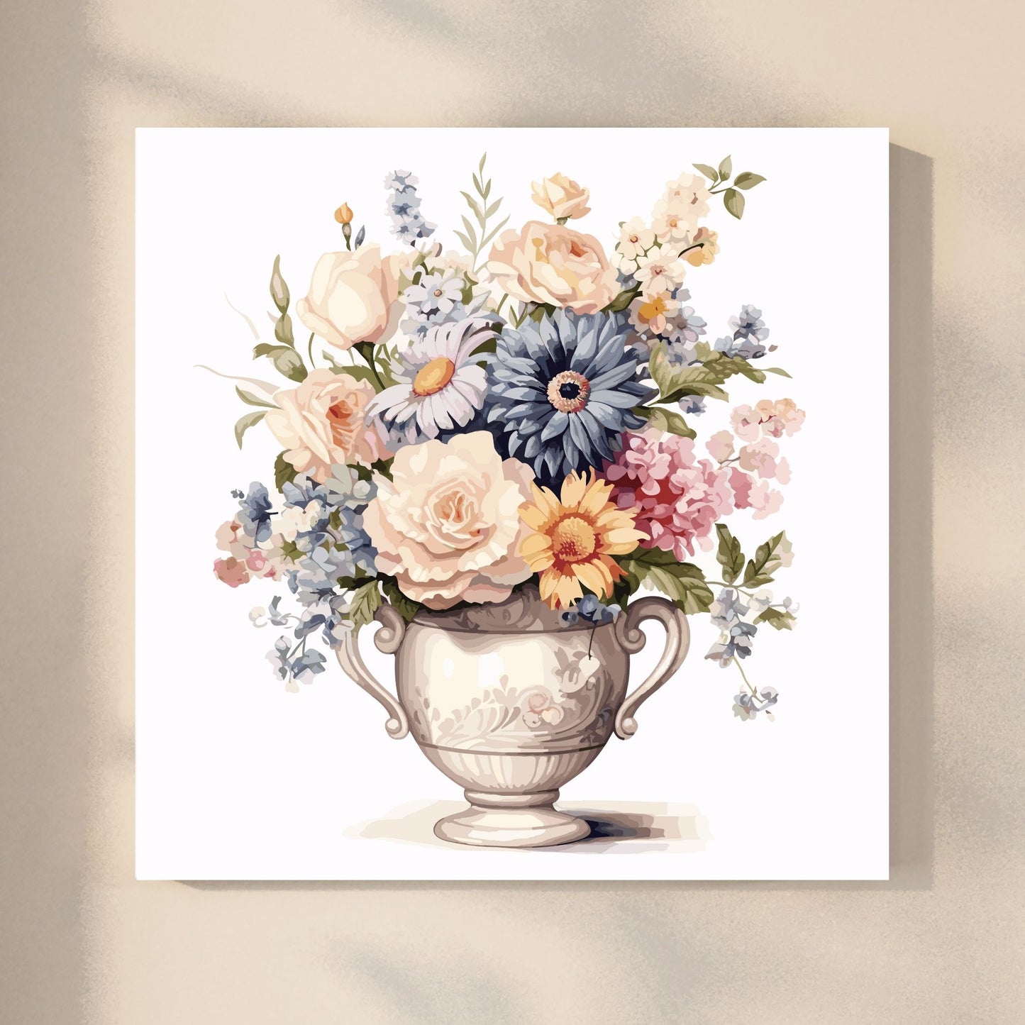 Vår "Blomster i vase" plakat og lerret er kunstnerisk utformet med grafiske illustrasjoner i akvarell, som skildrer en fargerik blomsterbukett i vase. Illustrasjonen viser motivet som på lerret.