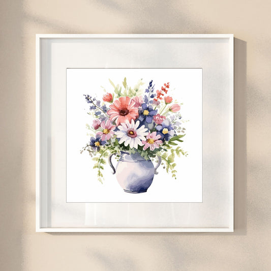 Vår "Blomster i vase" plakat og lerret er kunstnerisk utformet med grafiske illustrasjoner i akvarell, som skildrer en fargerik blomsterbukett i vase.  Illustrasjonen viser motivet som plakat i en hvit ramme.
