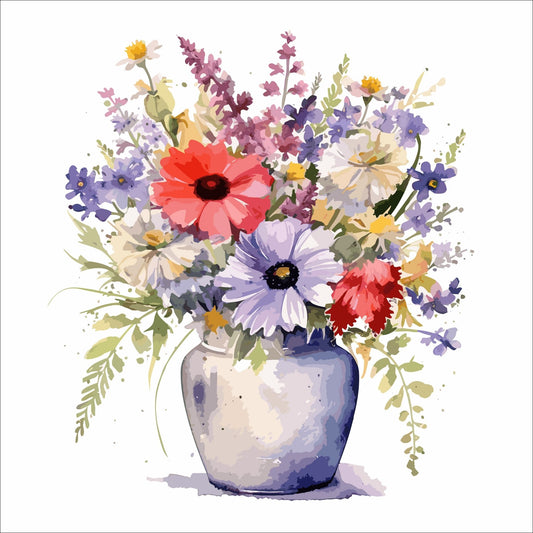 Vår "Blomster i vase" plakat og lerret er kunstnerisk utformet med grafiske illustrasjoner i akvarell, som skildrer en fargerik blomsterbukett i vase.