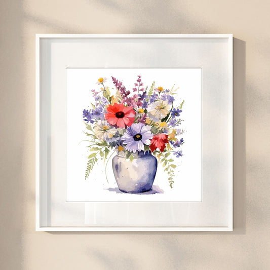 Vår "Blomster i vase" plakat og lerret er kunstnerisk utformet med grafiske illustrasjoner i akvarell, som skildrer en fargerik blomsterbukett i vase.  Illustrasjonen viser motivet som plakat i en hvit ramme.