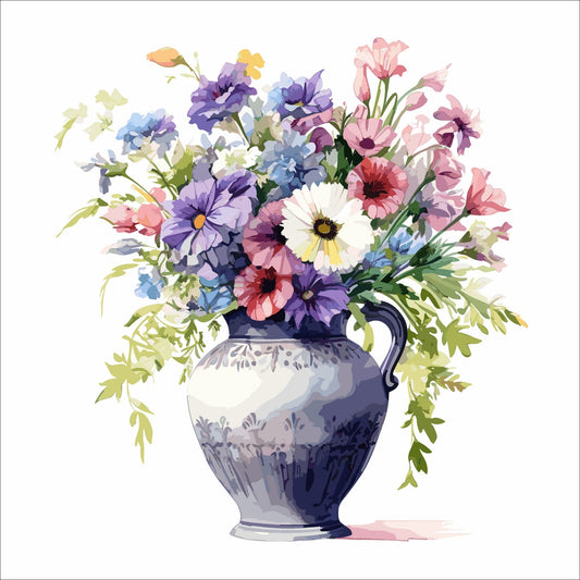Vår "Blomster i vase" plakat og lerret er kunstnerisk utformet med grafiske illustrasjoner i akvarell, som skildrer en fargerik blomsterbukett i vase.
