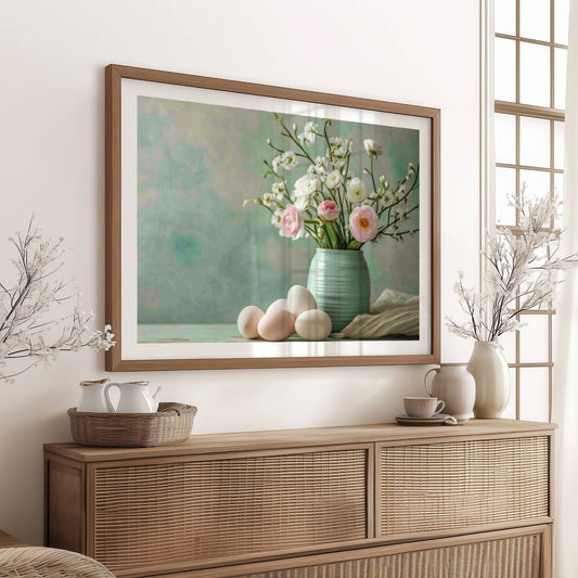 Denne vakre grafiske illustrasjonen fanger essensen av påskefeiringen og vårens forventning på en unik og livlig måte. Illustrasjon viser plakat med hvit kant i ramme.