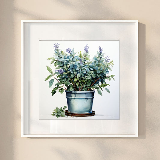 Våre "Blomster i Blått" plakat og lerret er vakkert designet med grafiske illustrasjoner i akvarell, som fremhever botaniske motiv av planter og blomster i nyanser av blått. Illustrasjon viser motivet som plakat i hvit ramme.