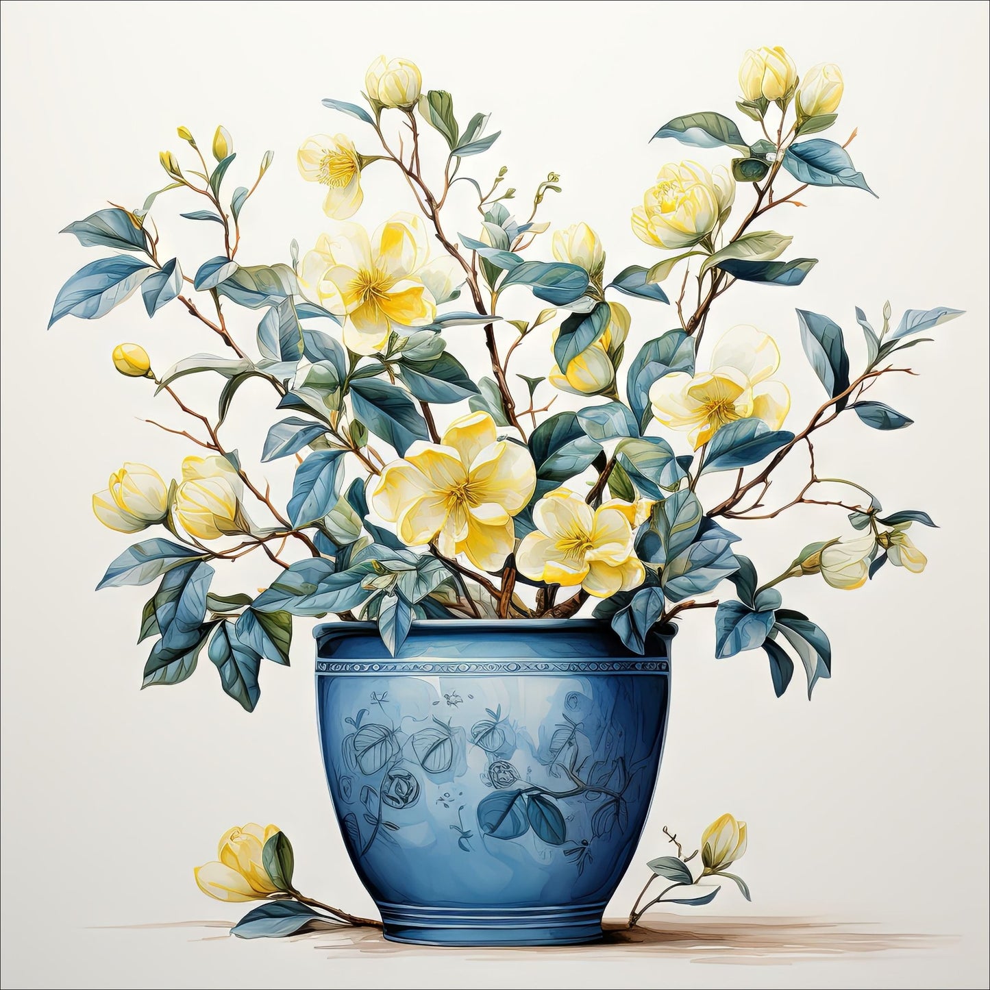 Våre "Blomster i Gult" plakat og lerret er vakkert designet med grafiske illustrasjoner i akvarell, som fremhever botaniske motiv av planter og blomster i nyanser av gult.