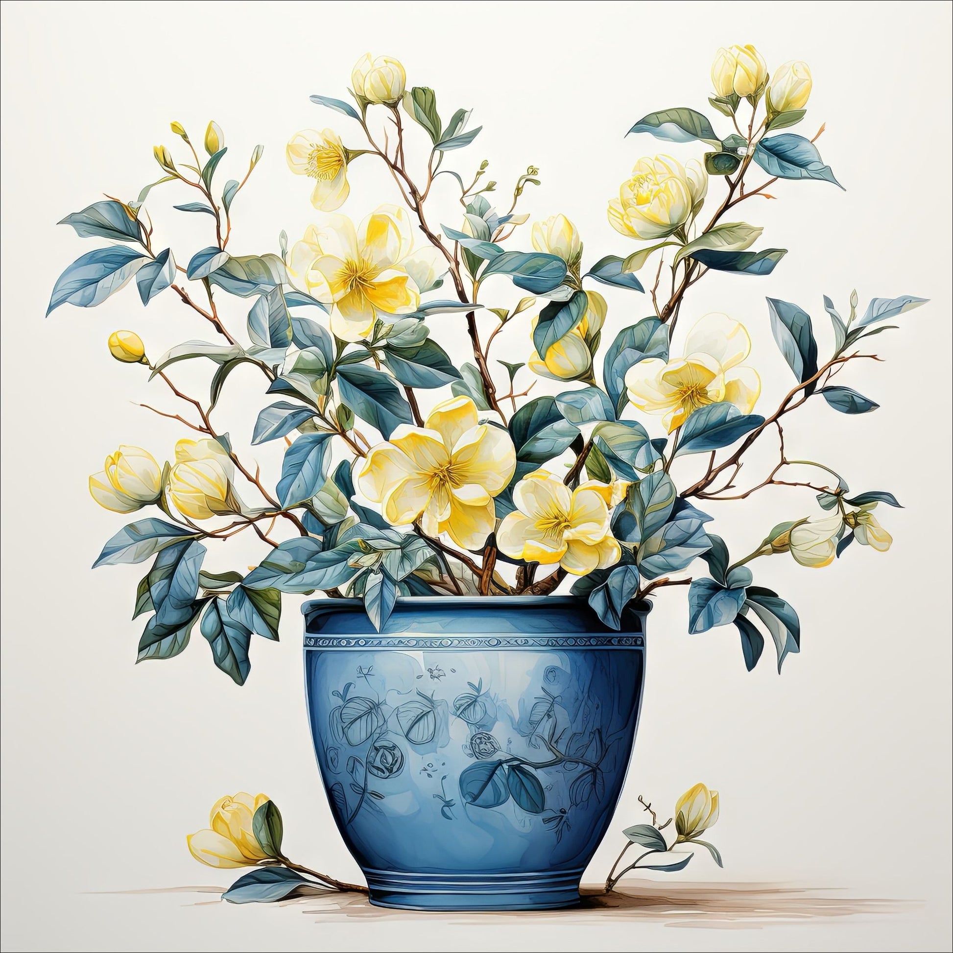 Våre "Blomster i Gult" plakat og lerret er vakkert designet med grafiske illustrasjoner i akvarell, som fremhever botaniske motiv av planter og blomster i nyanser av gult.