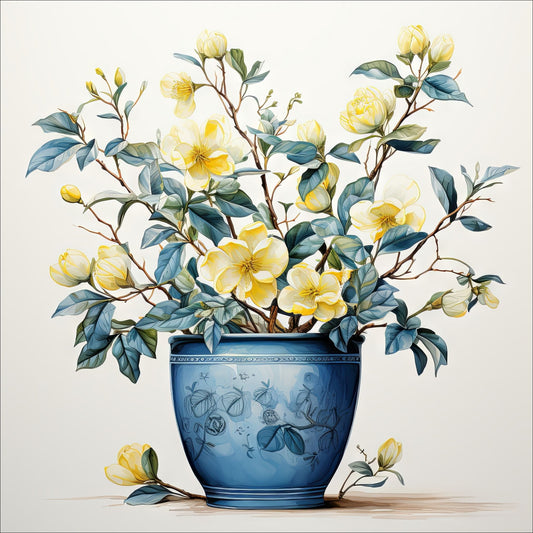 Våre "Blomster i Gult" plakat og lerret er vakkert designet med grafiske illustrasjoner i akvarell, som fremhever botaniske motiv av planter og blomster i nyanser av gult.