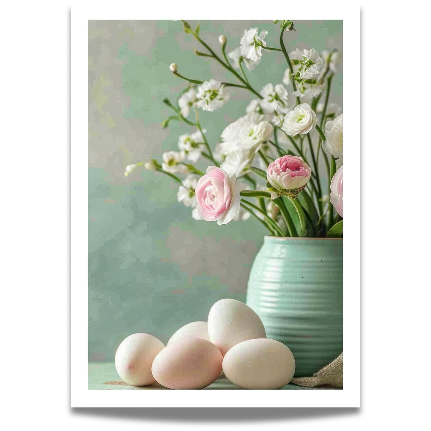 La deg inspirere av det fargerike og livlige motivet som presenterer en turkis vase fylt med delikate hvite og rosa blomster, perfekt supplert av flere hvite og rosa påskeegg som ligger ved siden av.