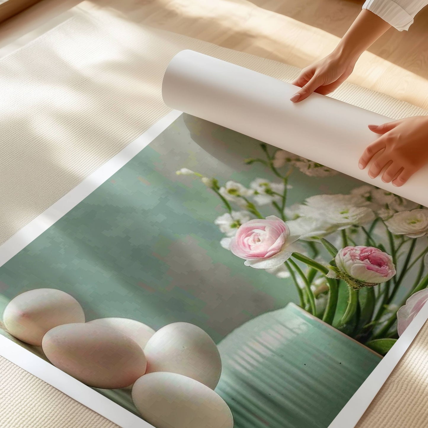 La deg inspirere av det fargerike og livlige motivet som presenterer en turkis vase fylt med delikate hvite og rosa blomster, perfekt supplert av flere hvite og rosa påskeegg som ligger ved siden av. Illustrasjon viser plakat med hvit kant på print.