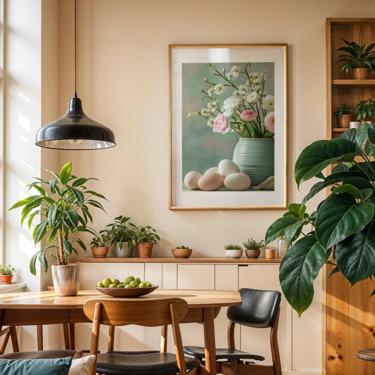 La deg inspirere av det fargerike og livlige motivet som presenterer en turkis vase fylt med delikate hvite og rosa blomster, perfekt supplert av flere hvite og rosa påskeegg som ligger ved siden av. Illustrasjon viser plakat med passepartout i ramme.