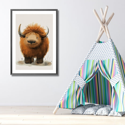Bøffel - Grafisk illustrasjon - barneplakat. Illustrasjonsbilde viser plakat i ramme på et barnerom.
