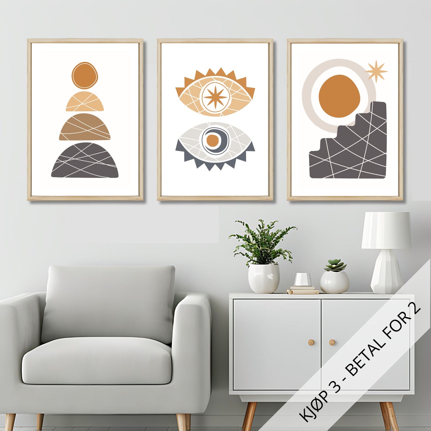 Denne unike kolleksjonen består av tre stiliserte motiver som kombinerer geometriske former med minimalistiske linjer i varme jordtoner. Illustrasjonsfoto viser motivene som plakat i lys ramme.