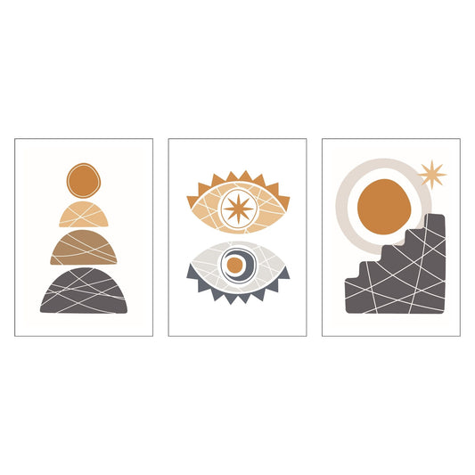 Denne unike kolleksjonen består av tre stiliserte motiver som kombinerer geometriske former med minimalistiske linjer i varme jordtoner.