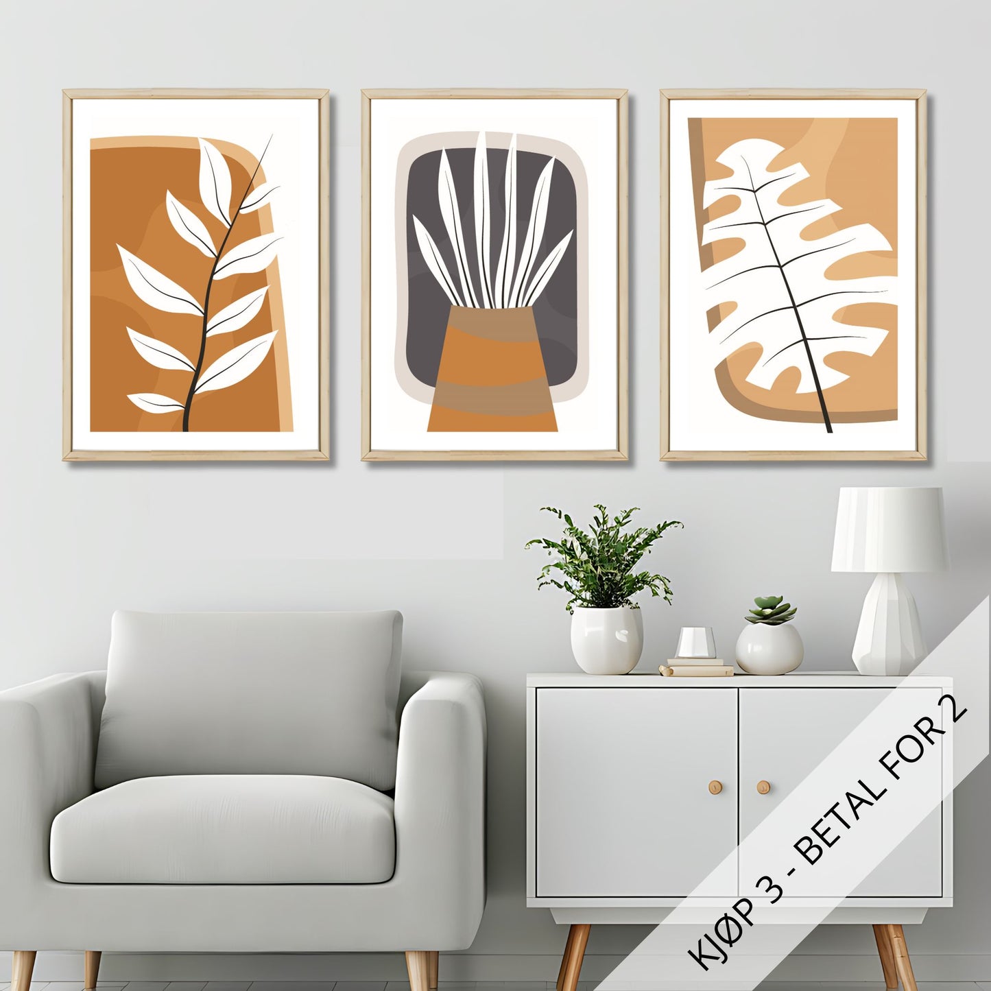 Oppdag skjønnheten i naturinspirert design med denne unike serien, Boho Wall Art. Denne tredelte plakat- og lerretsserien kombinerer stilrene botaniske motiver med nøytrale jordfarger som beige, hvitt, og oker. Illustrasjonsfoto viser motivenen som plakater i lyse rammer.