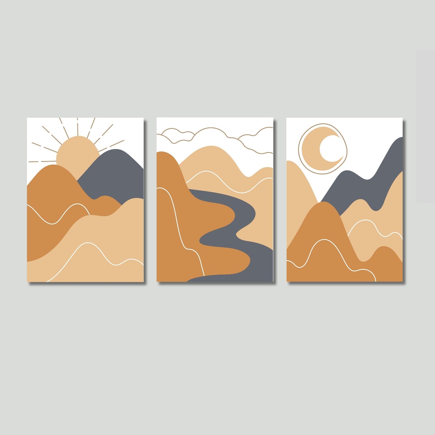 Frisk opp hjemmet ditt med Boho Wall Art – en elegant serie med tre plakater eller lerretsbilder som kombinerer moderne stil med varme jordfarger. Illustrasjonsfoto viser motivene på lerret.