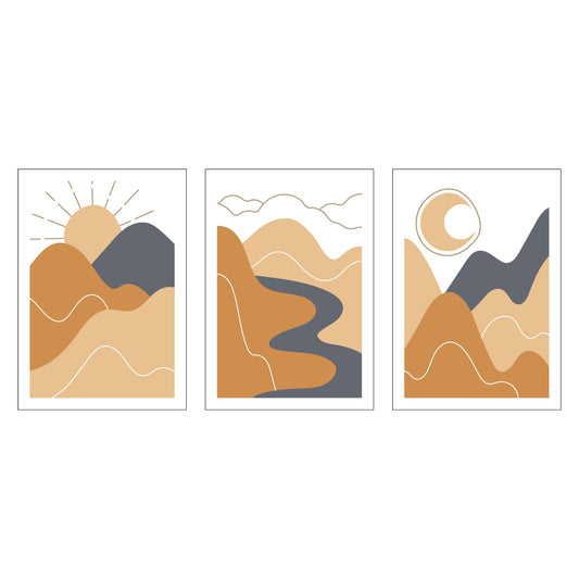 Frisk opp hjemmet ditt med Boho Wall Art – en elegant serie med tre plakater eller lerretsbilder som kombinerer moderne stil med varme jordfarger.