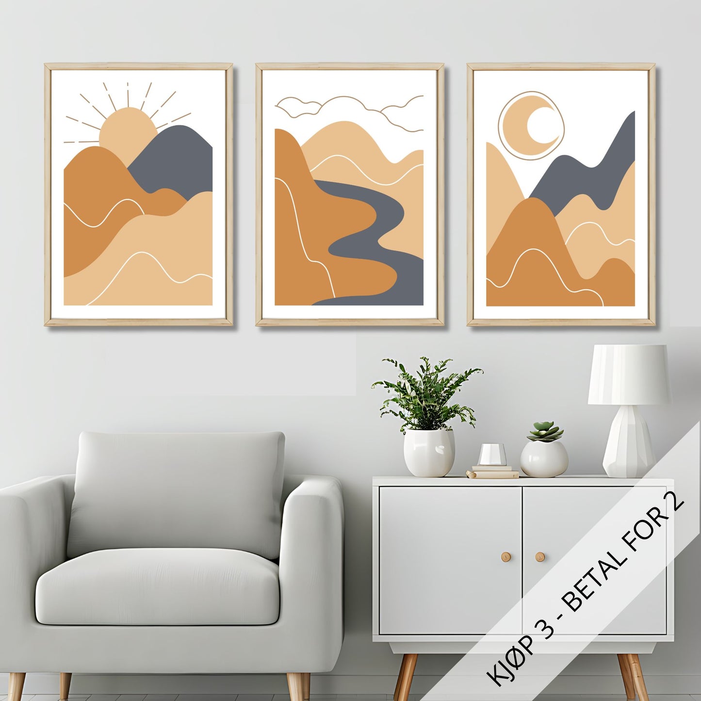 Frisk opp hjemmet ditt med Boho Wall Art – en elegant serie med tre plakater eller lerretsbilder som kombinerer moderne stil med varme jordfarger. Illustrasjonsfoto viser motivene som plakat i lyse rammer.