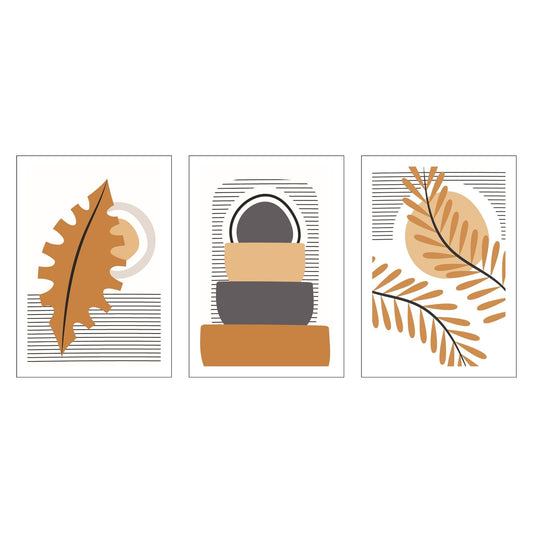 Oppdag den unike Boho Wall Art-serien som gir rommet ditt et moderne, bohemsk preg. Denne tredelte plakat- eller lerretsserien kombinerer varme farger og minimalistiske former.