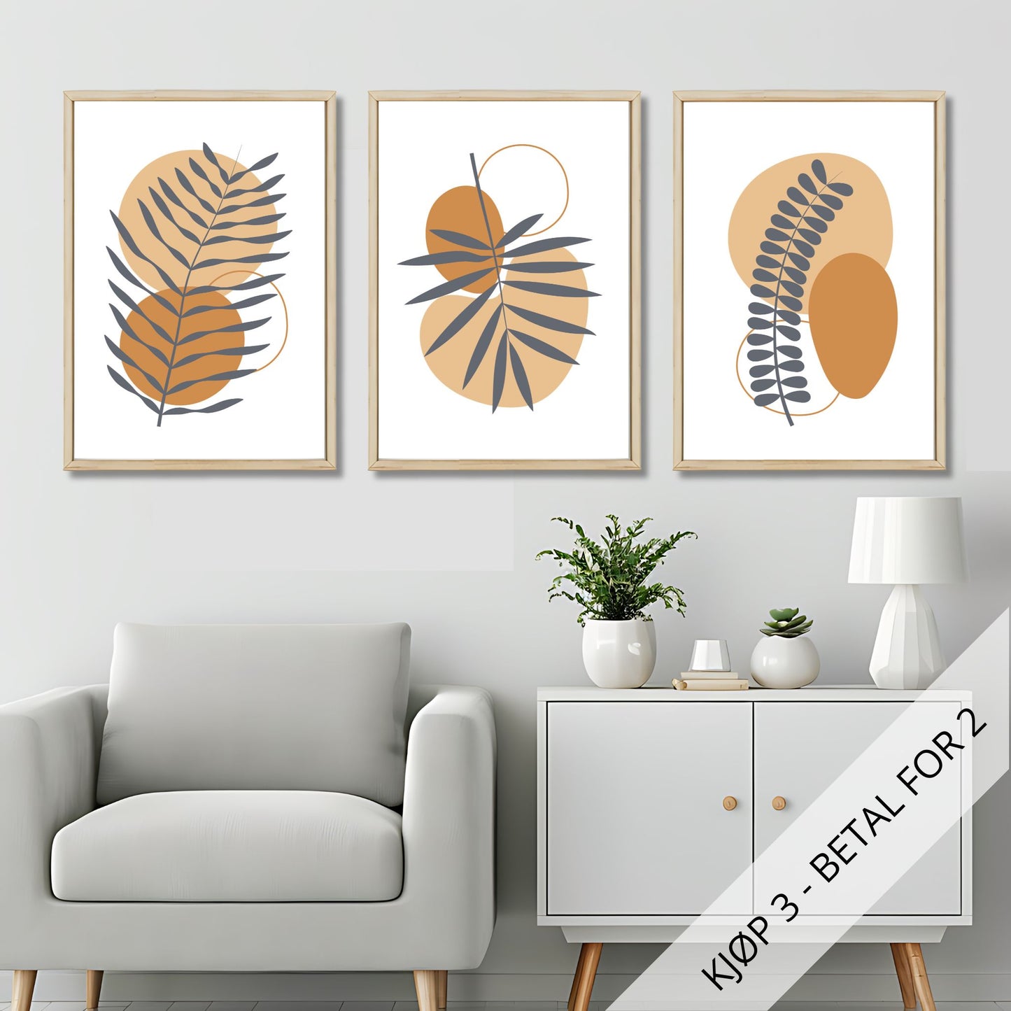 Gi hjemmet ditt et naturlig og moderne preg med Boho Wall Art. Denne stilfulle serien består av tre harmoniske motiver som kombinerer abstrakte former og elegante bladillustrasjoner, perfekt for å skape en rolig atmosfære i ethvert rom. Illustrasjonsfoto viser motivene som plakater i lyse rammer.