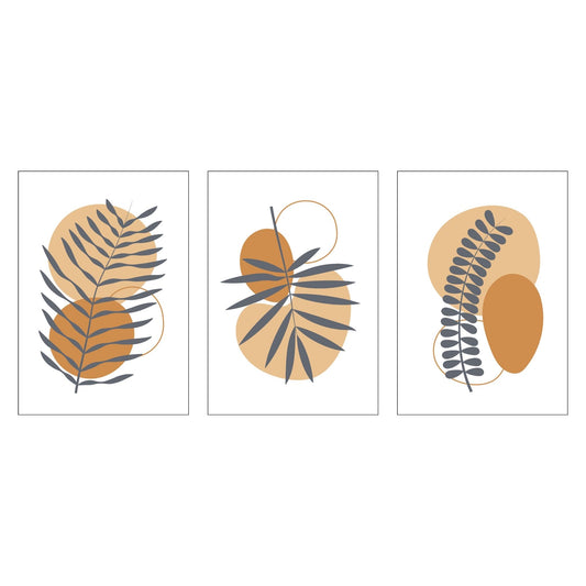 Gi hjemmet ditt et naturlig og moderne preg med Boho Wall Art. Denne stilfulle serien består av tre harmoniske motiver som kombinerer abstrakte former og elegante bladillustrasjoner, perfekt for å skape en rolig atmosfære i ethvert rom.