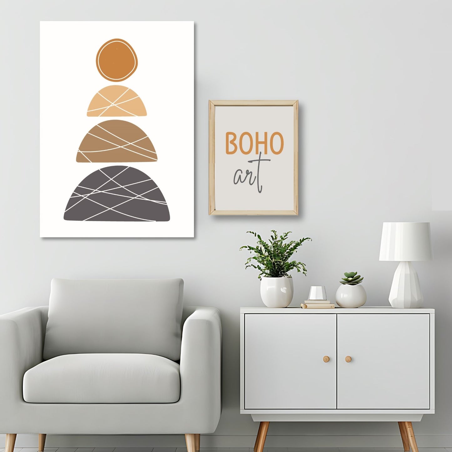 Dette kunstverket er inspirert av moderne minimalistisk design med innslag av naturlige former og fargetoner, perfekt for deg som ønsker å skape en varm og innbydende atmosfære. Illustrasjonsfoto viser motivet på lerret.