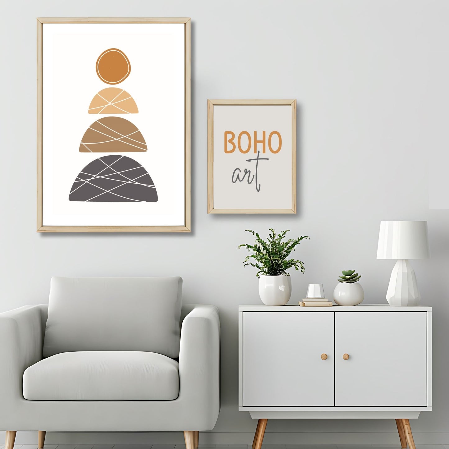 Dette kunstverket er inspirert av moderne minimalistisk design med innslag av naturlige former og fargetoner, perfekt for deg som ønsker å skape en varm og innbydende atmosfære. Illustrasjonsfoto viser motivet som plakat i lys ramme.