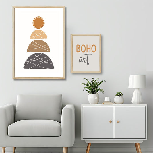 Dette kunstverket er inspirert av moderne minimalistisk design med innslag av naturlige former og fargetoner, perfekt for deg som ønsker å skape en varm og innbydende atmosfære. Illustrasjonsfoto viser motivet som plakat i lys ramme.