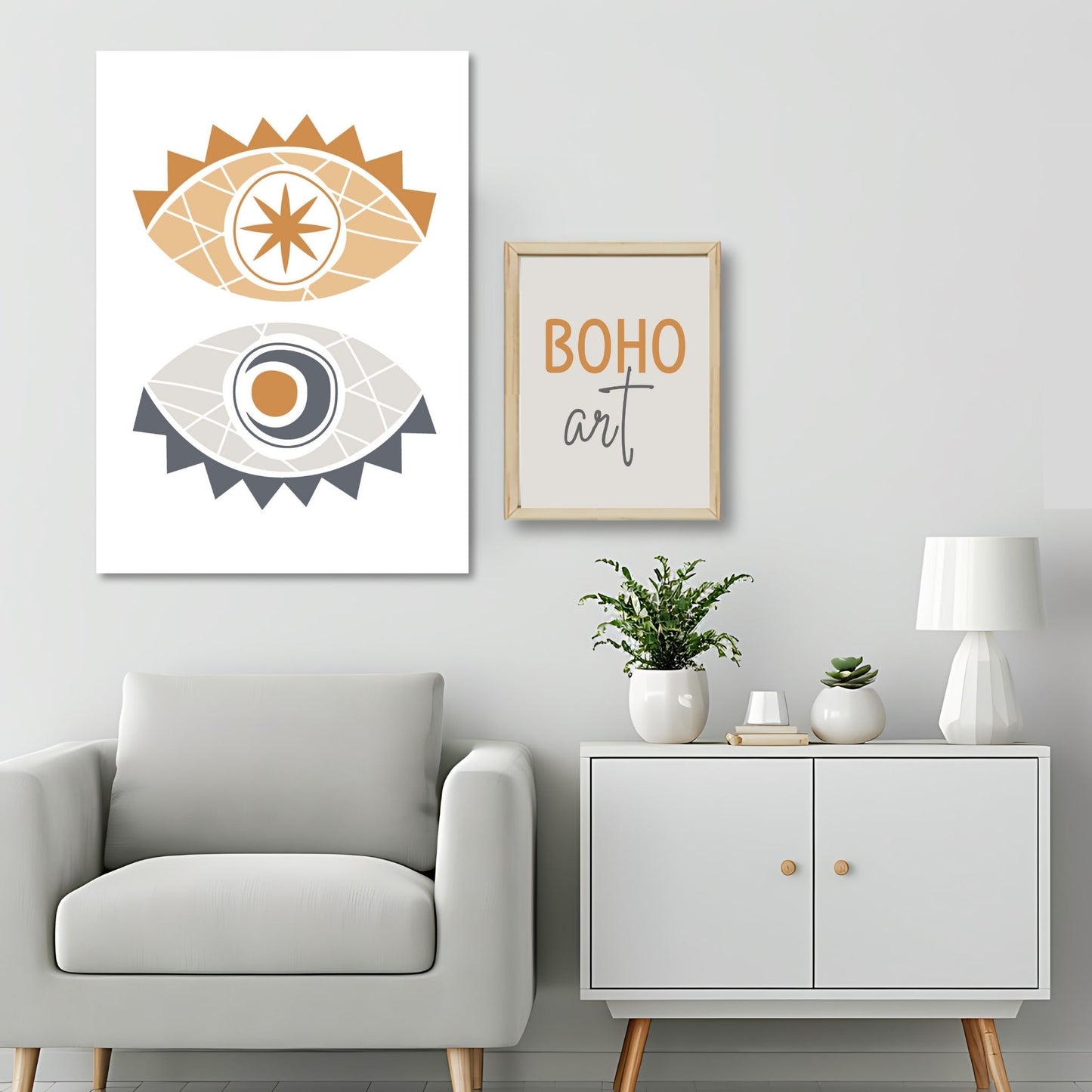 Dette kunstverket er inspirert av moderne minimalistisk design med innslag av naturlige former og fargetoner, perfekt for deg som ønsker å skape en varm og innbydende atmosfære. Illustrasjonsfoto viser motivet på lerret.