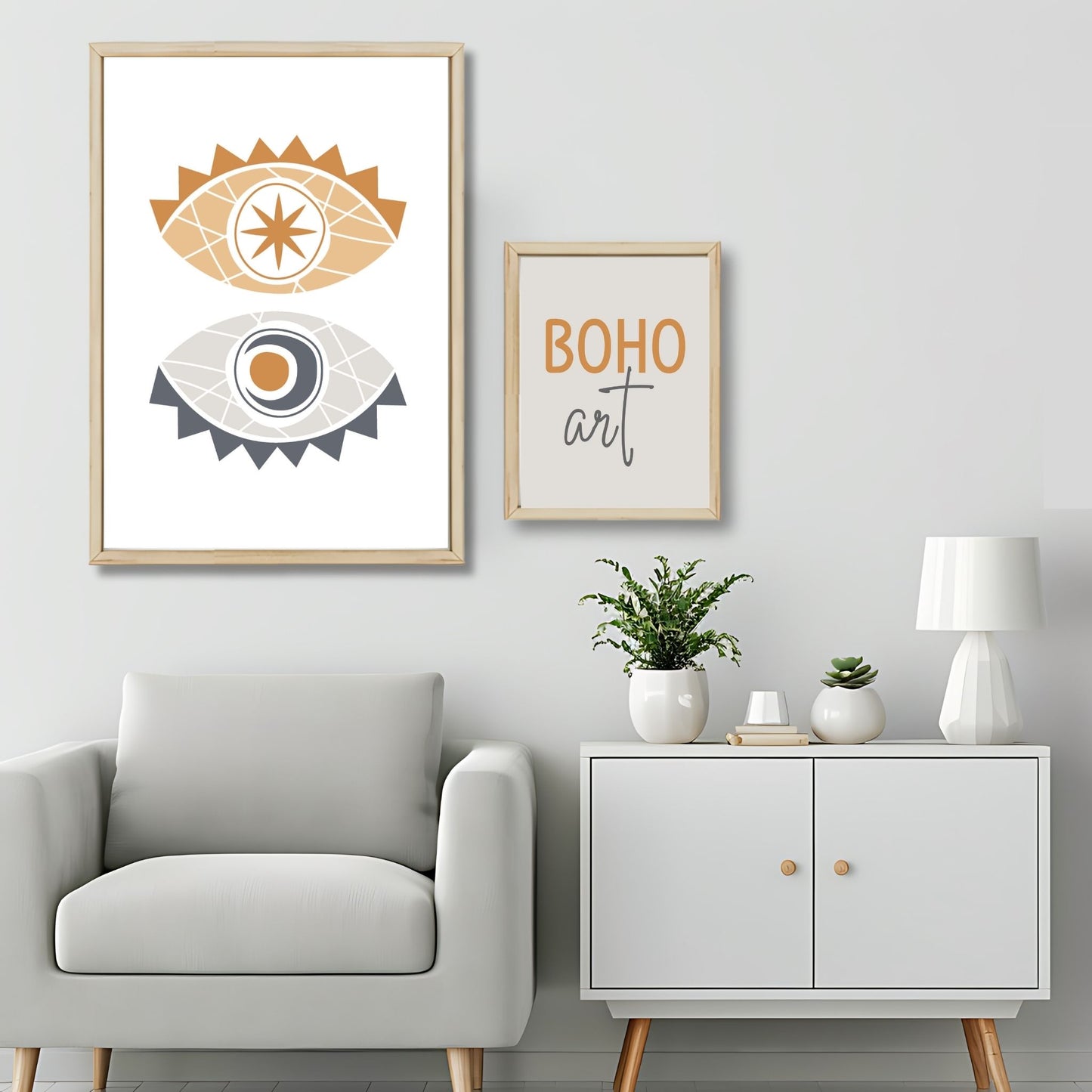 Dette kunstverket er inspirert av moderne minimalistisk design med innslag av naturlige former og fargetoner, perfekt for deg som ønsker å skape en varm og innbydende atmosfære. Illustrasjonsfoto viser motivet som plakat i lys ramme.