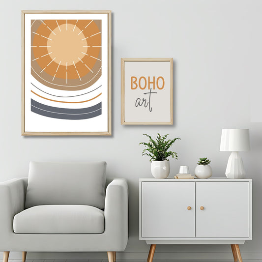 Dette kunstverket er inspirert av moderne minimalistisk design med innslag av naturlige former og fargetoner, perfekt for deg som ønsker å skape en varm og innbydende atmosfære. Illustrasjonsfoto viser motivet som plakat i lys ramme.