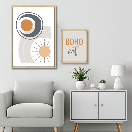 Dette kunstverket er inspirert av moderne minimalistisk design med innslag av naturlige former og fargetoner, perfekt for deg som ønsker å skape en varm og innbydende atmosfære. Illustrasjonsfoto viser motivet som plakat i lys ramme.