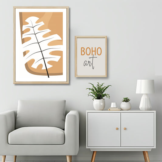 Dette kunstverket er inspirert av moderne minimalistisk design med innslag av naturlige former og fargetoner, perfekt for deg som ønsker å skape en varm og innbydende atmosfære. Illustrasjonsfoto viser motivet som plakat i lys ramme.