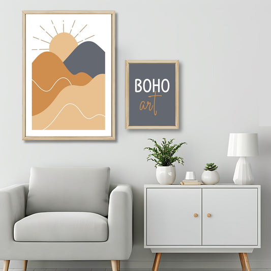 Dette kunstverket er inspirert av moderne minimalistisk design med innslag av naturlige former og fargetoner, perfekt for deg som ønsker å skape en varm og innbydende atmosfære. Illustrasjonsfoto viser motivet som plakat i lys ramme.