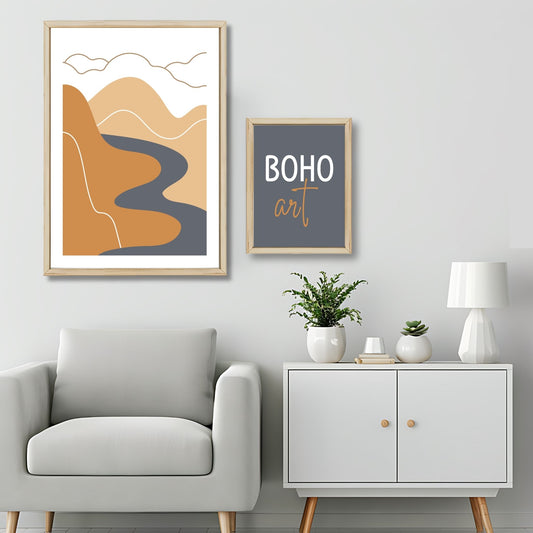 Dette kunstverket er inspirert av moderne minimalistisk design med innslag av naturlige former og fargetoner, perfekt for deg som ønsker å skape en varm og innbydende atmosfære. Illustrasjonsfoto viser motivet som plakat i lys ramme.