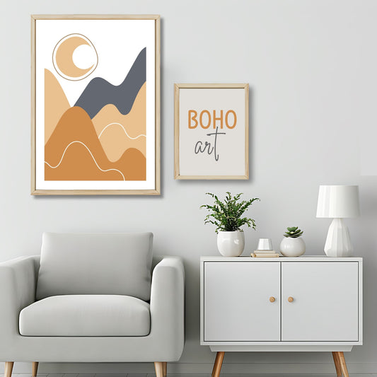 Dette kunstverket er inspirert av moderne minimalistisk design med innslag av naturlige former og fargetoner, perfekt for deg som ønsker å skape en varm og innbydende atmosfære. Illustrasjonsfoto viser motivet som plakat i lys ramme.