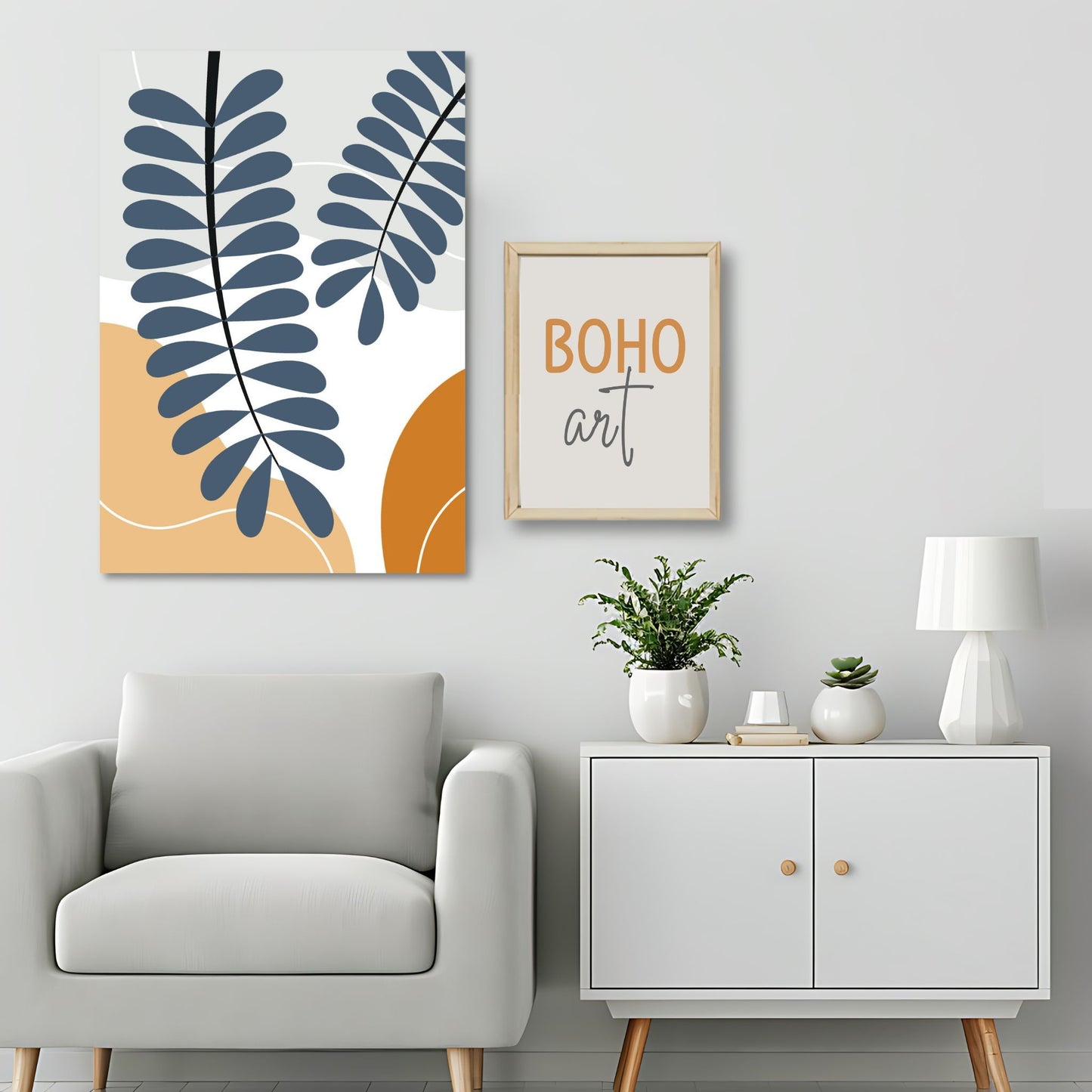 Dette kunstverket er inspirert av moderne minimalistisk design med innslag av naturlige former og fargetoner, perfekt for deg som ønsker å skape en varm og innbydende atmosfære. Illustrasjonsfoto viser motivet på lerret.