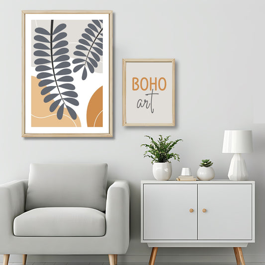 Dette kunstverket er inspirert av moderne minimalistisk design med innslag av naturlige former og fargetoner, perfekt for deg som ønsker å skape en varm og innbydende atmosfære. Illustrasjonsfoto viser motivet som plakat i lys ramme.