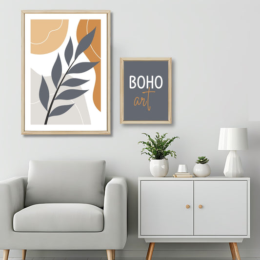 Dette kunstverket er inspirert av moderne minimalistisk design med innslag av naturlige former og fargetoner, perfekt for deg som ønsker å skape en varm og innbydende atmosfære. Illustrasjonsfoto viser motivet som plakat i lys ramme.