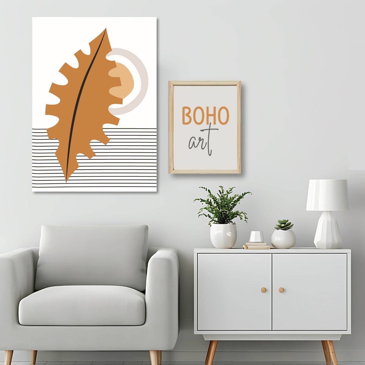 Dette kunstverket er inspirert av moderne minimalistisk design med innslag av naturlige former og fargetoner, perfekt for deg som ønsker å skape en varm og innbydende atmosfære. Illustrasjonsfoto viser på lerret.