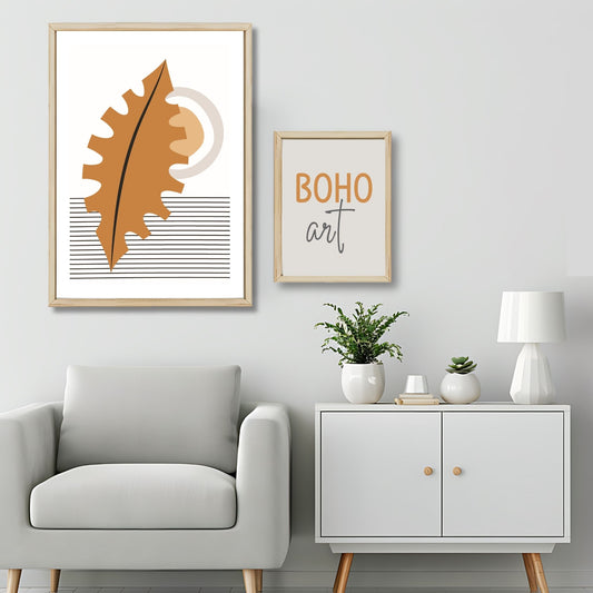 Dette kunstverket er inspirert av moderne minimalistisk design med innslag av naturlige former og fargetoner, perfekt for deg som ønsker å skape en varm og innbydende atmosfære. Illustrasjonsfoto viser motivet som plakat i lys ramme.