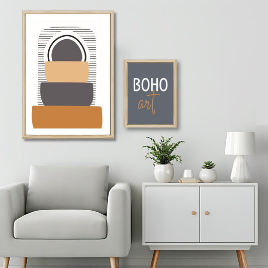 Dette kunstverket er inspirert av moderne minimalistisk design med innslag av naturlige former og fargetoner, perfekt for deg som ønsker å skape en varm og innbydende atmosfære. Illustrasjonsfoto viser motivet som plakat i lys ramme.