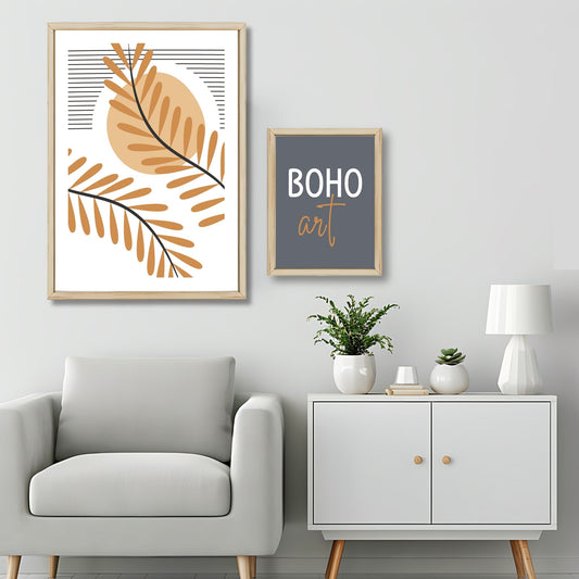 Dette kunstverket er inspirert av moderne minimalistisk design med innslag av naturlige former og fargetoner, perfekt for deg som ønsker å skape en varm og innbydende atmosfære. Illustrasjonsfoto viser motivet som plakat i lys ramme.