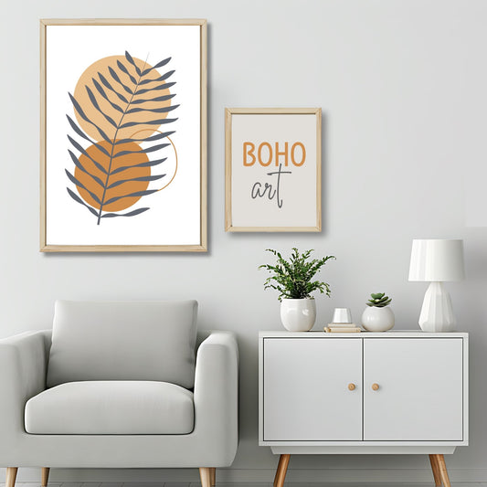 Dette kunstverket er inspirert av moderne minimalistisk design med innslag av naturlige former og fargetoner, perfekt for deg som ønsker å skape en varm og innbydende atmosfære. Illustrasjonsfoto viser motivet som plakat i lys ramme.