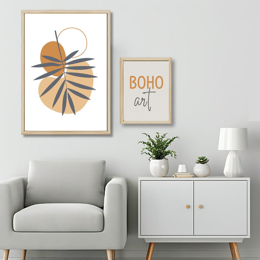 Dette kunstverket er inspirert av moderne minimalistisk design med innslag av naturlige former og fargetoner, perfekt for deg som ønsker å skape en varm og innbydende atmosfære. Illustrasjonsfoto viser motivet som plakat i lys ramme.