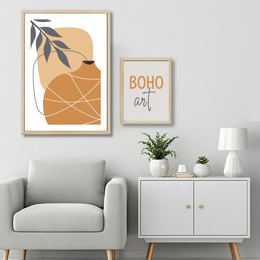 Dette kunstverket er inspirert av moderne minimalistisk design med innslag av naturlige former og fargetoner, perfekt for deg som ønsker å skape en varm og innbydende atmosfære. Illustrasjonsfoto viser motivet som plakat i lys ramme.