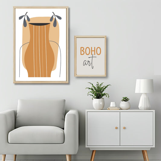 Dette kunstverket er inspirert av moderne minimalistisk design med innslag av naturlige former og fargetoner, perfekt for deg som ønsker å skape en varm og innbydende atmosfære. Illustrasjonsfoto viser motivet som plakat i lys ramme.