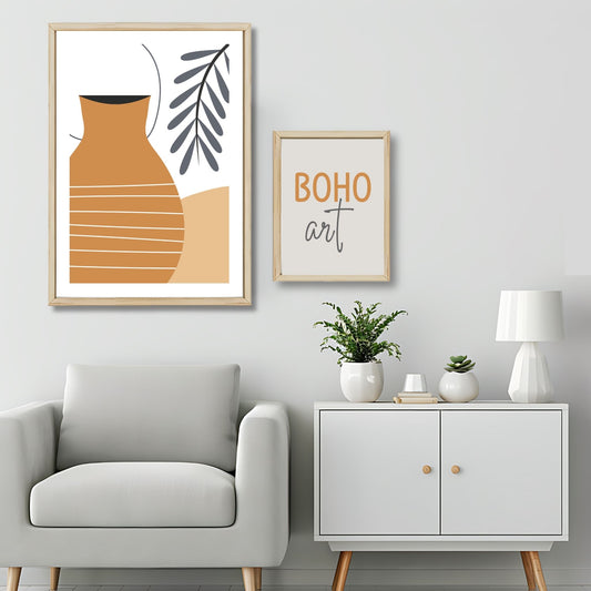 Dette kunstverket er inspirert av moderne minimalistisk design med innslag av naturlige former og fargetoner, perfekt for deg som ønsker å skape en varm og innbydende atmosfære. Illustrasjonsfoto viser motivet som plakat i lys ramme.