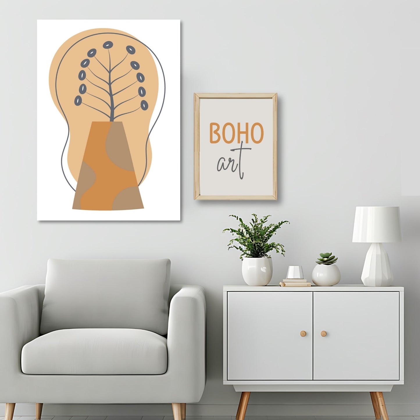 Dette kunstverket er inspirert av moderne minimalistisk design med innslag av naturlige former og fargetoner, perfekt for deg som ønsker å skape en varm og innbydende atmosfære. Illustrasjonsfoto viser motivet på lerret.