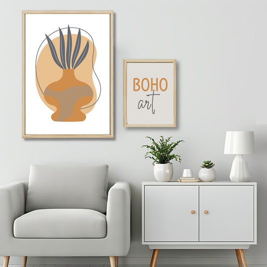 Dette kunstverket er inspirert av moderne minimalistisk design med innslag av naturlige former og fargetoner, perfekt for deg som ønsker å skape en varm og innbydende atmosfære. Illustrasjonsfoto viser motivet som plakat i lys ramme.