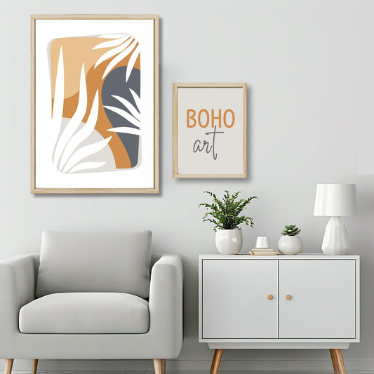 Dette kunstverket er inspirert av moderne minimalistisk design med innslag av naturlige former og fargetoner, perfekt for deg som ønsker å skape en varm og innbydende atmosfære. Illustrasjonsfoto viser motivet som plakat i lys ramme.